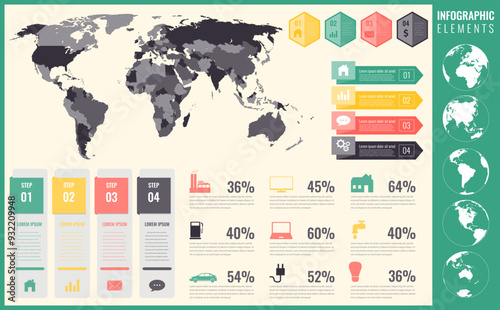 Infographic Elements with world map and charts. Vector illustration