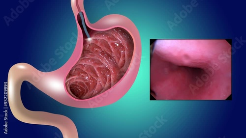 2D animation. Gastric mucosa. Digestive endoscopy or gastroscopy. Performing a gastroscopy procedure. Diagnostics of gastric diseases. Stomach health. Medical concept