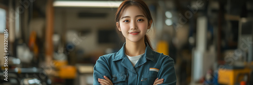 Asian female auto mechanic smiles with confidence in car workshop. photo