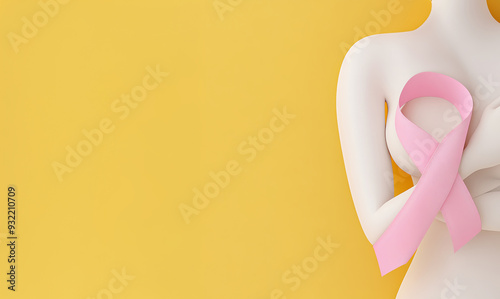 Strong woman, breast cancer ribbon wrapped around arm, symbol of courage