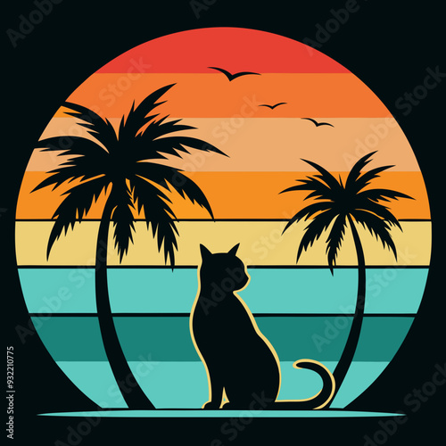 A silhouette of a cat sitting under palm trees with a sunset background. The scene features a cat sitting calmly under two palm trees, facing towards a sunset. silhouettes of Cat palm trees. 