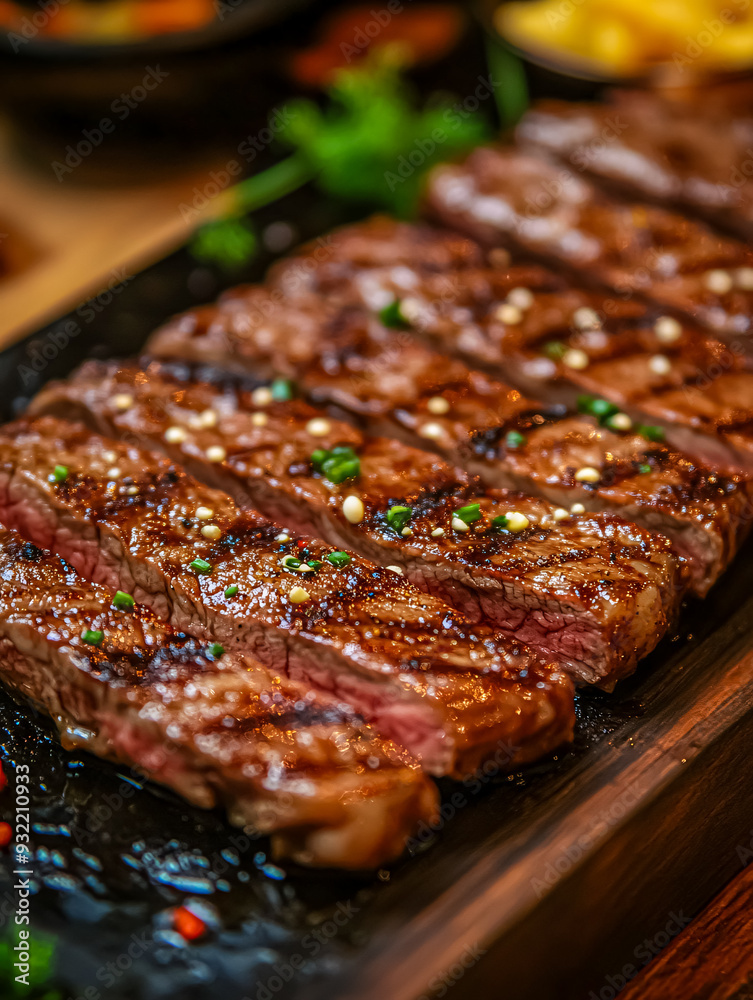 Beef steak with herbs and spices on black plate, close up Beef steak with herbs and spices on black plate, close up