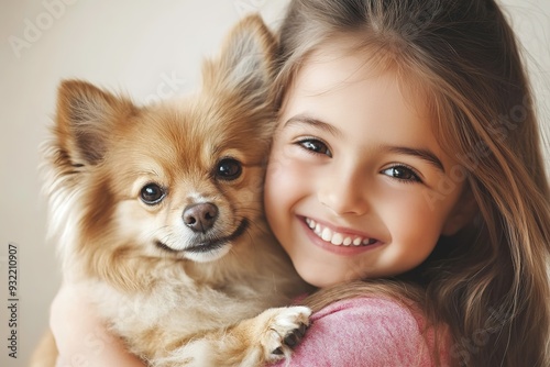 Smiling girl cuddling with her happy brown Chihuahua