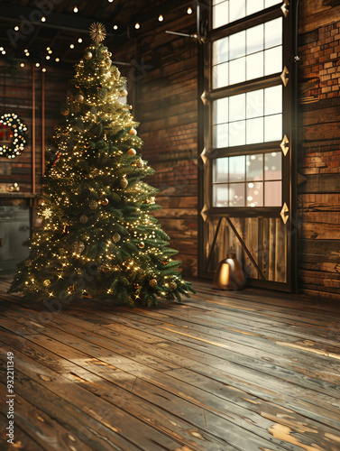 Aesthetic Christmas Tree on Wooden Floors with Manapunk Style and Sabattier Filter in Ultra-High Definition 32K Industrial Functional Design photo