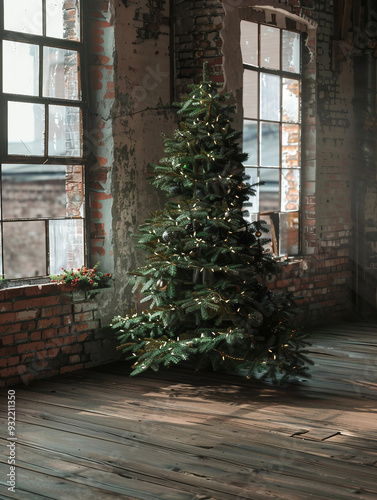 Aesthetic Christmas Tree on Wooden Floors with Manapunk Style and Sabattier Filter in Ultra-High Definition 32K Industrial Functional Design photo