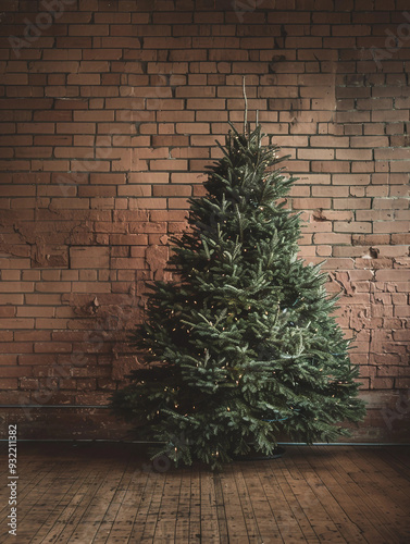 Aesthetic Christmas Tree on Wooden Floors with Manapunk Style and Sabattier Filter in Ultra-High Definition 32K Industrial Functional Design photo