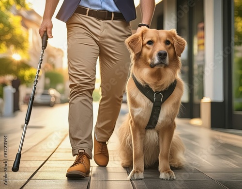 Blind man is walking on the sidewalk with his guide dog by his side, enjoying a sunny day out in the city