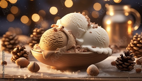 Three scoops of vanilla and caramel ice cream melting on wooden bowl over snow with festive lights on background