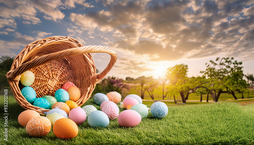 Wicker basket lying on its side on grass spilling out colorful decorated easter eggs with a beautiful sunset over a field and trees in the background
