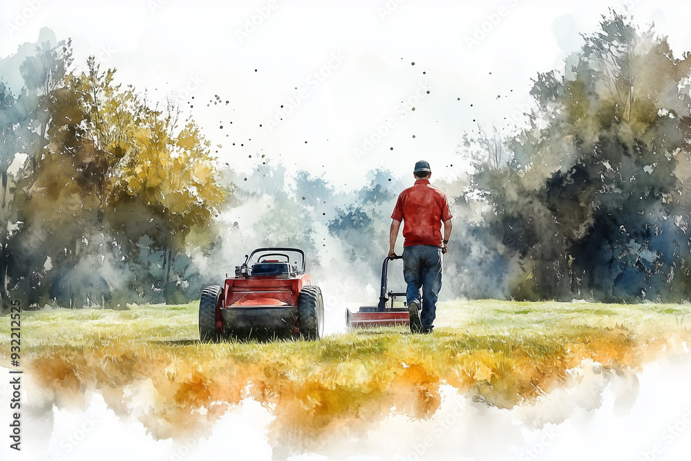 Fototapeta premium Watercolor painting of a man cutting grass with a lawn mowing cart in the field.