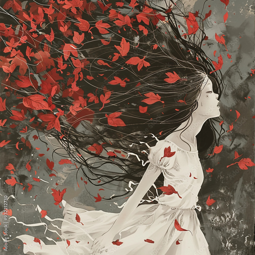 Fototapeta premium Whimsical girl dashing through leaves and blossoms in her hair, red and gray tones, romantic and charming, animated storybook style, soft and dreamy humor with a touch of warmth 