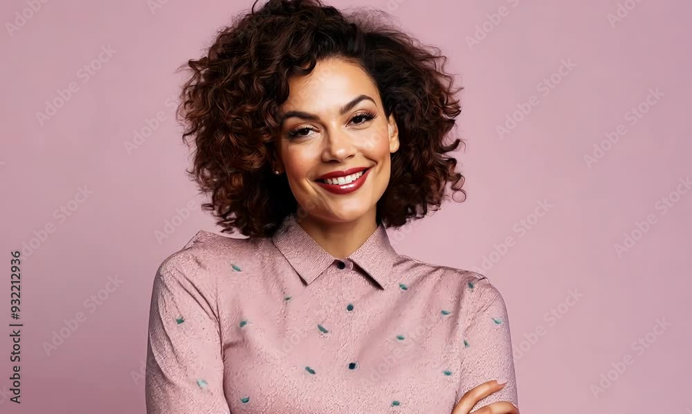 Portrait of a smiling young woman with curly hair on a pink background Portrait of a smiling young woman with curly hair on a pink background