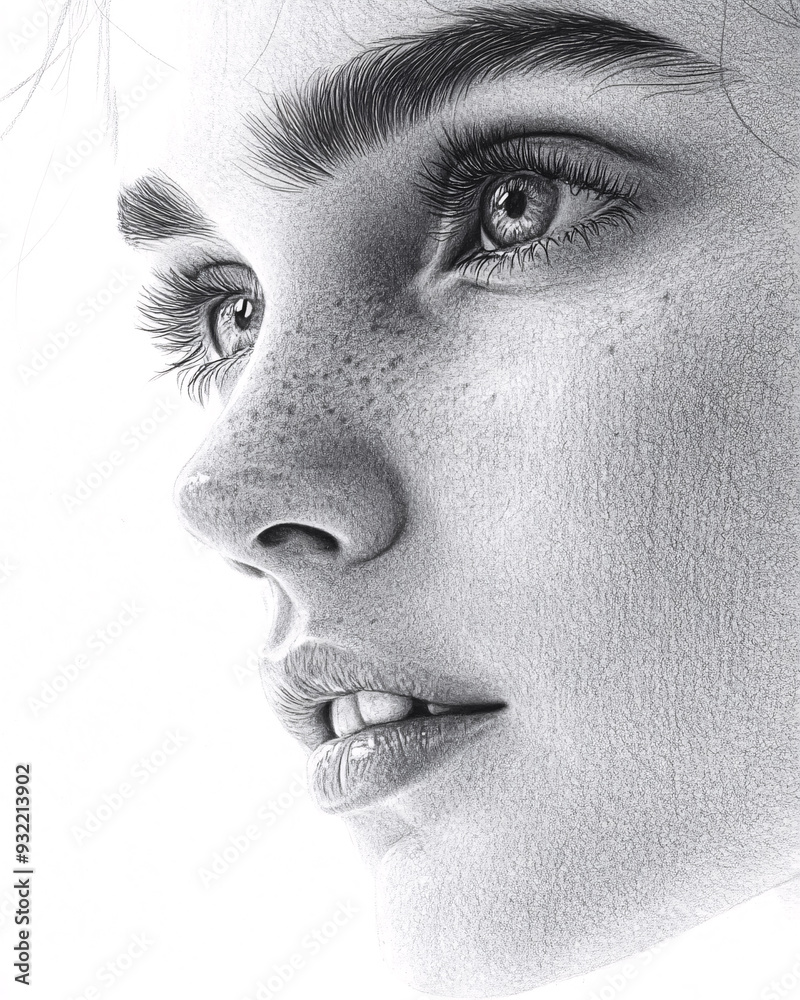 Obraz premium Close-up portrait of a beautiful young woman with freckles. Pencil drawing.