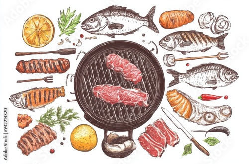Drawn vector illustration of barbecue meat and fish on a grill, with tools for grilling, top view. Illustration in a colorful, vintage-style sketch design element, isolated on a white background.