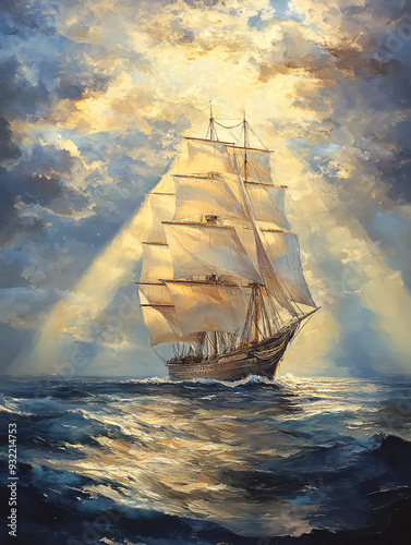 Sailing ship in the stormy sea. Oil painting effect.