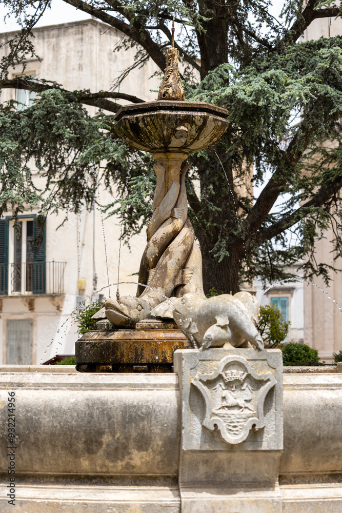 Fountain located at Piazza Rome in front of Palazzo Ducale next to Porta di Santo Stefano, Martina Franca, Italy, Puglia