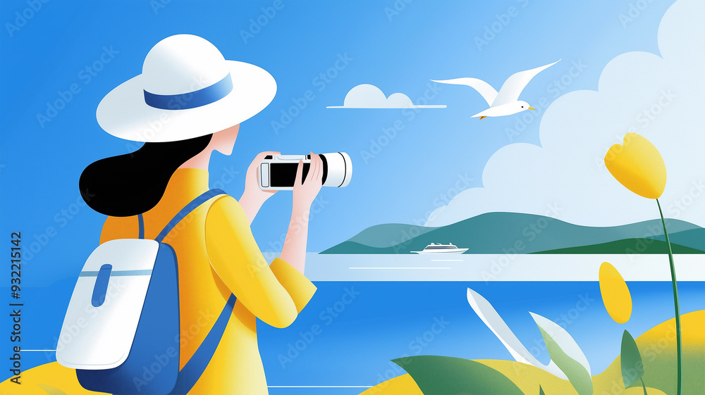 夏の海を撮影する女性 夏の海を撮影する女性