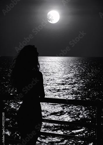 Beautiful woman looking at the full moon over the sea. Black and white photo.