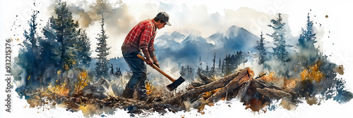 Watercolor painting of a young man using an ax to cut wood in the forest.