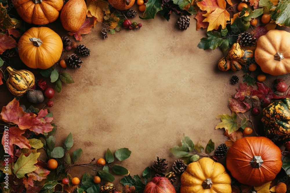 Autumnal Arrangement with Pumpkins, Leaves, and Pine Cones