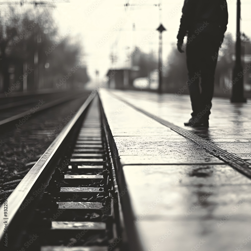 Businessman waiting for a train at the station, black and white Businessman waiting for a train at the station, black and white