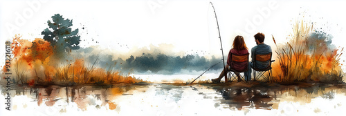 Wallpaper Mural Watercolor painting of a woman and man sitting fishing on the river. Torontodigital.ca