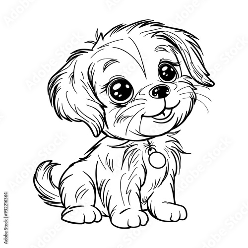 Cute Puppy coloring page, Line art of happy puppy sitting cartoon vector on white background.