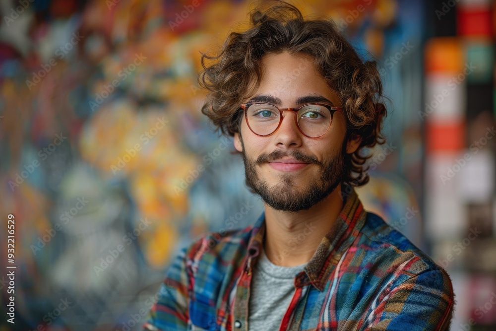 closeup of creative smiling student on abstract background, young man with curly hair and glasses