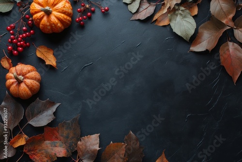 Fall Leaves, Pumpkins, and Red Berries on a Dark Background