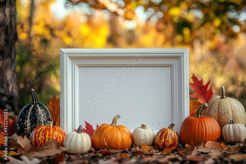 White Frame with Pumpkins and Fall Leaves in a Blurred Background photo