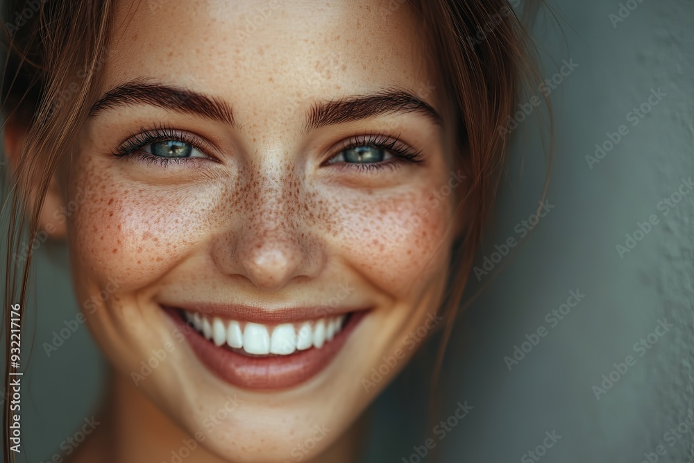 Close-up of cheerful woman with freckles and green eyes smiling