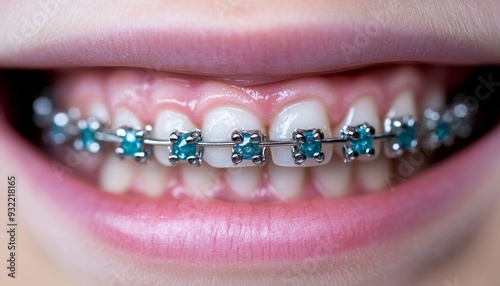 Bright smile with turquoise braces displayed against a vibrant background