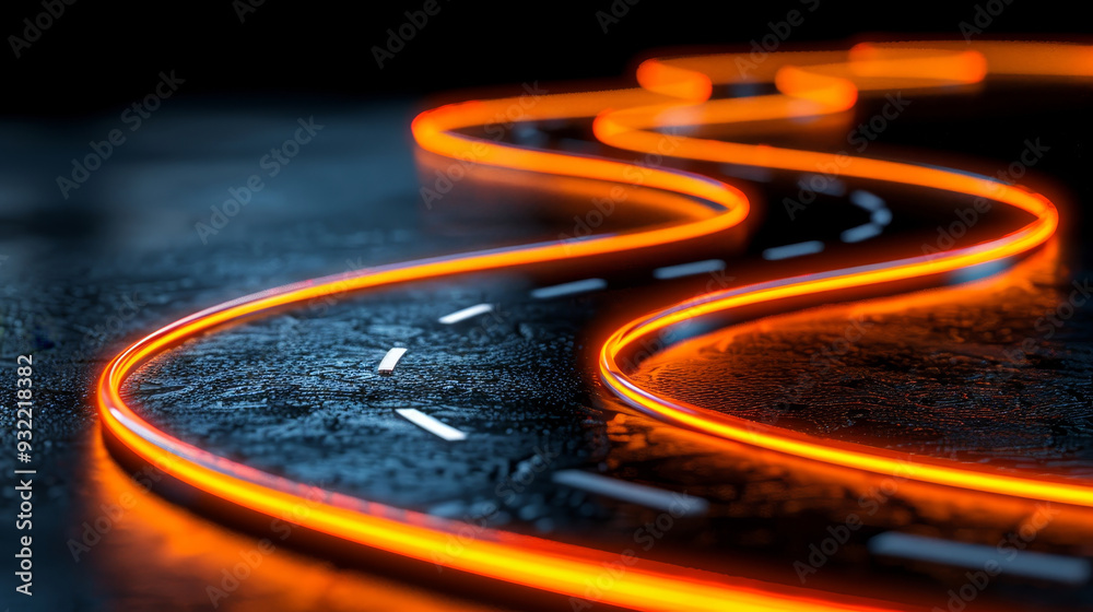 A winding road glows with bright orange lines, set against a dark backdrop, evoking a sense of adventure and movement.
