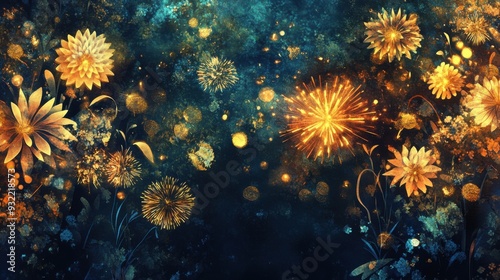 Vibrant floral fireworks burst in abstract cosmic night sky celebration.