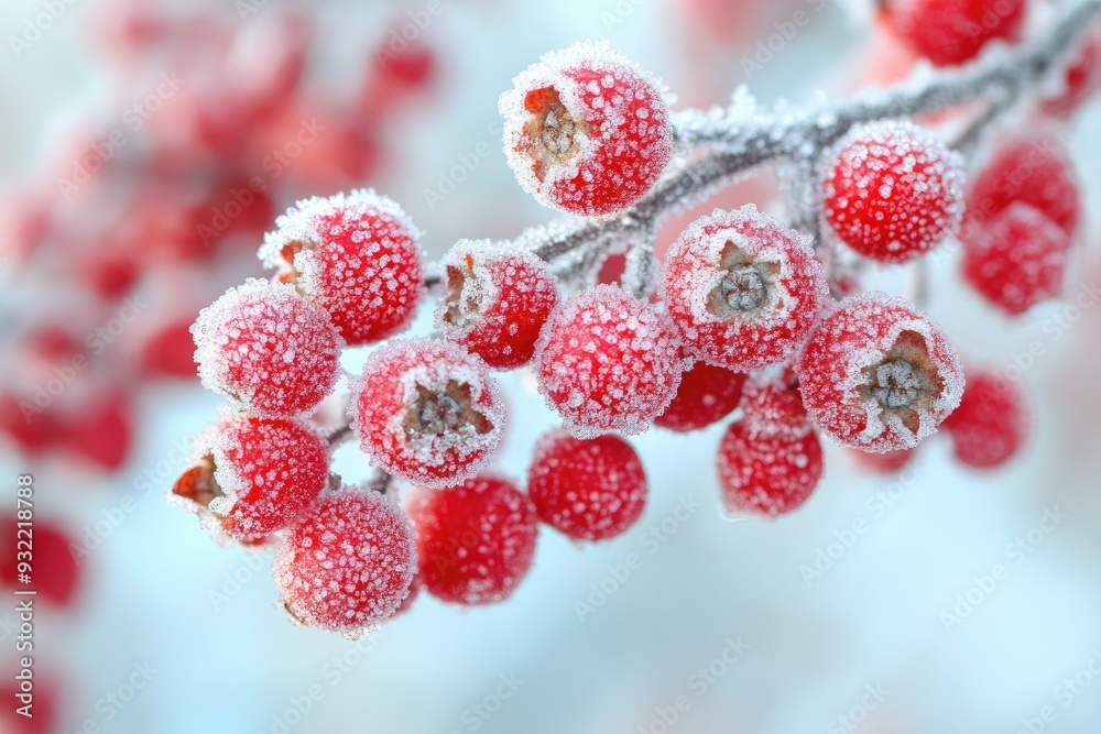 Red berries covered with frost growing on a branch in winter Red berries covered with frost growing on a branch in winter