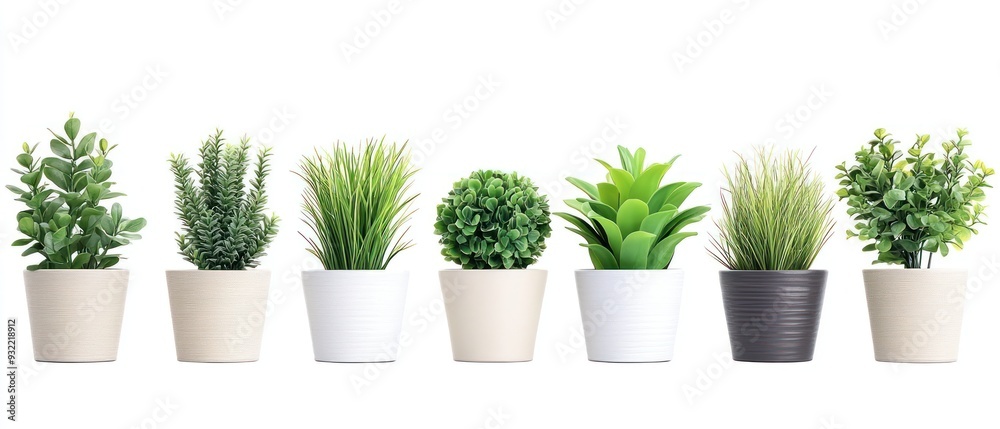 Fototapeta premium Eight potted plants with various green foliage and textured pots