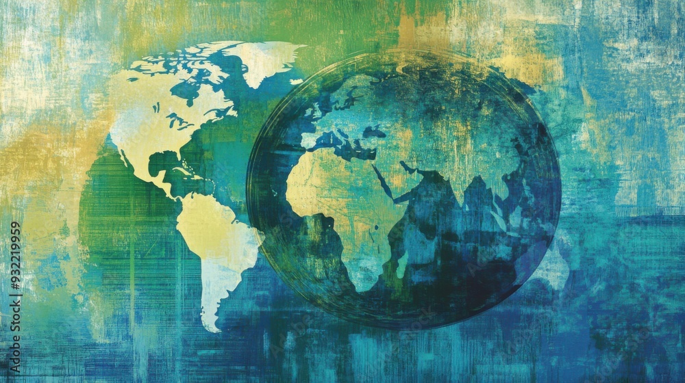 Obraz premium Abstract world map art with vibrant blue and green textures for global concepts.