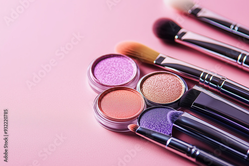 Vibrant Eyeshadow Pots with Makeup Brushes on Pink Background, Beauty and Cosmetics Concept