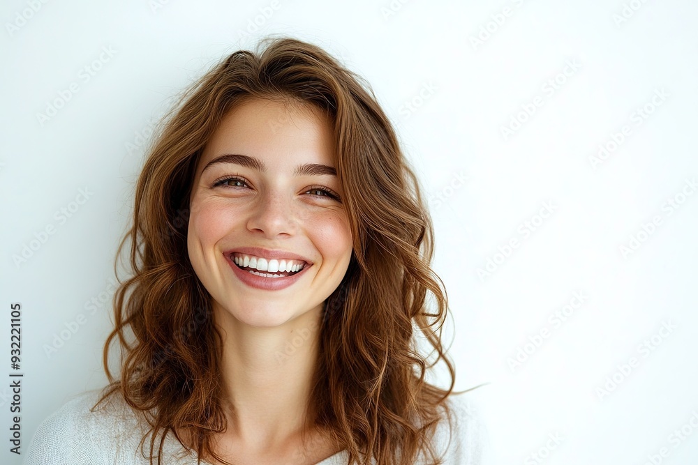 Joyful woman smiling with curly hair against white background Joyful woman smiling with curly hair against white background