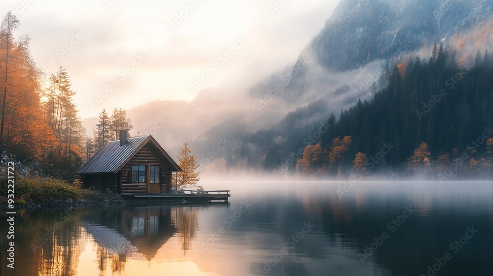 Serene lake scene with misty mountains and a wooden cabin Serene lake scene with misty mountains and a wooden cabin
