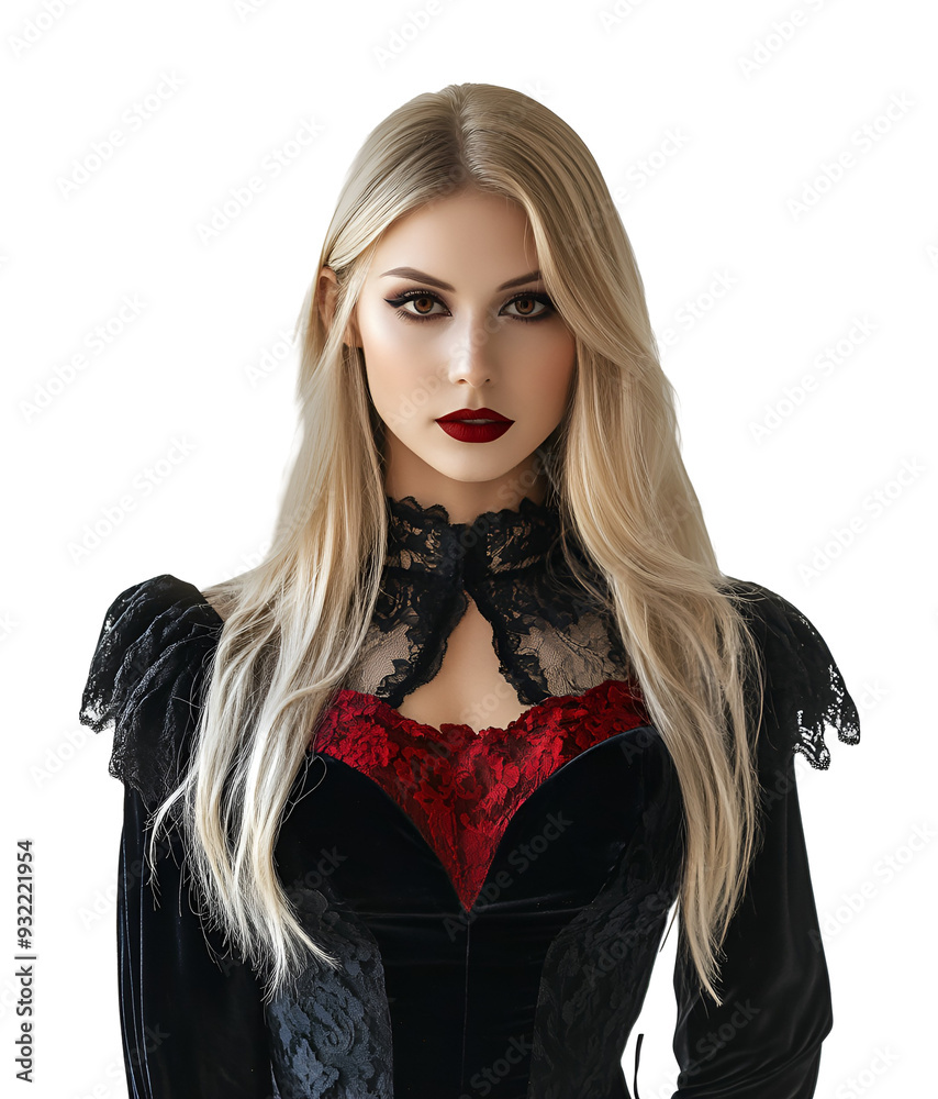 Vampire Costume: Blonde Woman Poses for Halloween, Isolated on Transparent Background, PNG