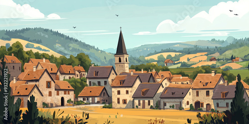 Medieval village with stone houses and a church steeple, surrounded by farmland and hills, flat illustration photo