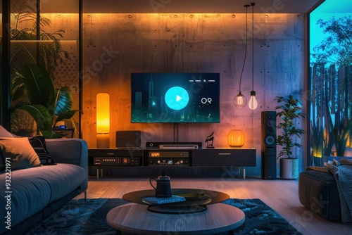 A living room with a television on a wall and a coffee table in front of it, generative ai image