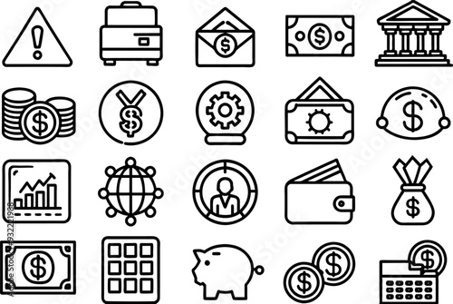 Finance related concept such as Dollar sign, bank, credit card, piggy bank, wallet & many more editable stroke outline icons isolated on white background flat vector illustration