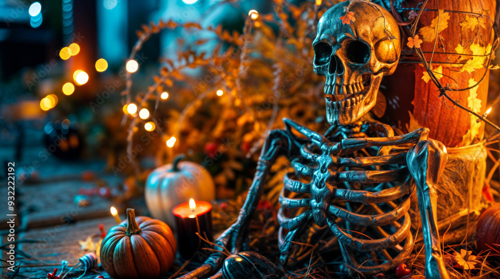 A skeleton sitting casually with a backdrop of halloween decorations A skeleton sitting casually with a backdrop of halloween decorations