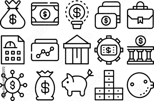 Finance related concept such as Dollar sign, bank, credit card, piggy bank, wallet & many more editable stroke outline icons isolated on white background flat vector illustration