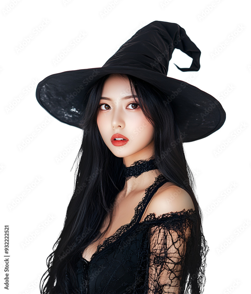 Asian woman donning a witch outfit and hat, prepared for Halloween, Isolated on Transparent Background, PNG Asian woman donning a witch outfit and hat, prepared for Halloween, Isolated on Transparent Background, PNG