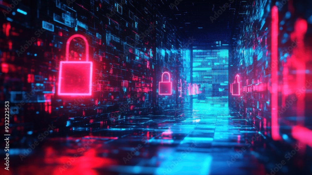 Neon-lit digital corridor with red padlocks representing cybersecurity and data protection. Neon-lit digital corridor with red padlocks representing cybersecurity and data protection.
