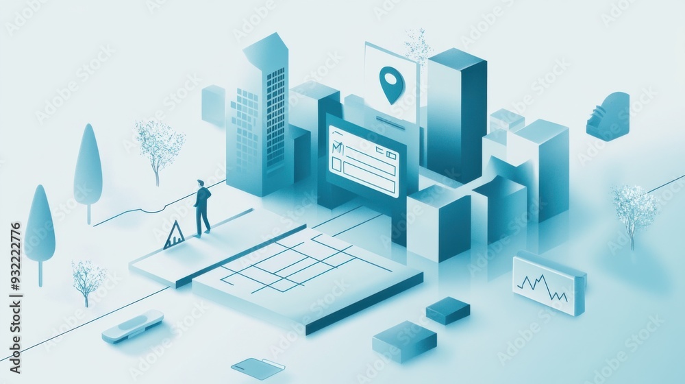 Abstract cityscape with digital interfaces depicting urban planning and technology integration concept. Abstract cityscape with digital interfaces depicting urban planning and technology integration concept.