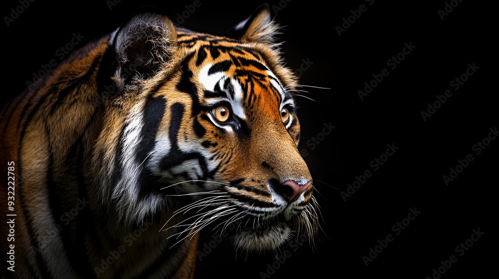 Fototapeta premium Majestic tiger looks intently to the side in a dramatic close-up portrait against a black background.